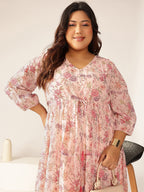 Plus Size Pink Georgette Floral Printed Tiered Dress