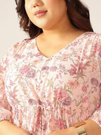 Plus Size Pink Georgette Floral Printed Tiered Dress