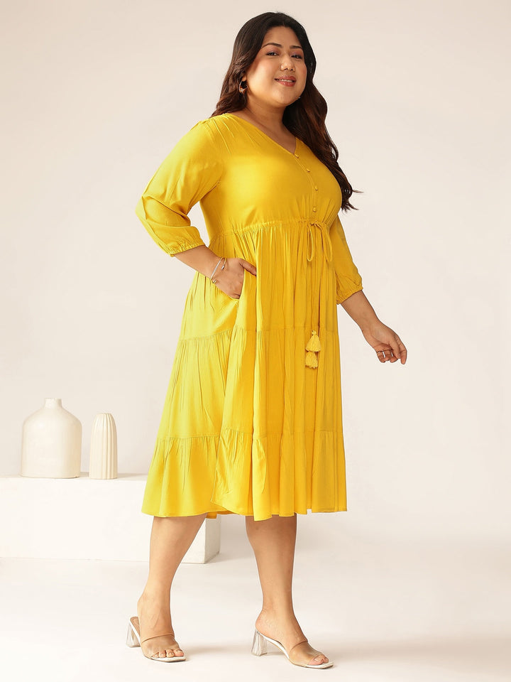 Plus Size Mustard Rayon Solid Tiered Dress - qivii