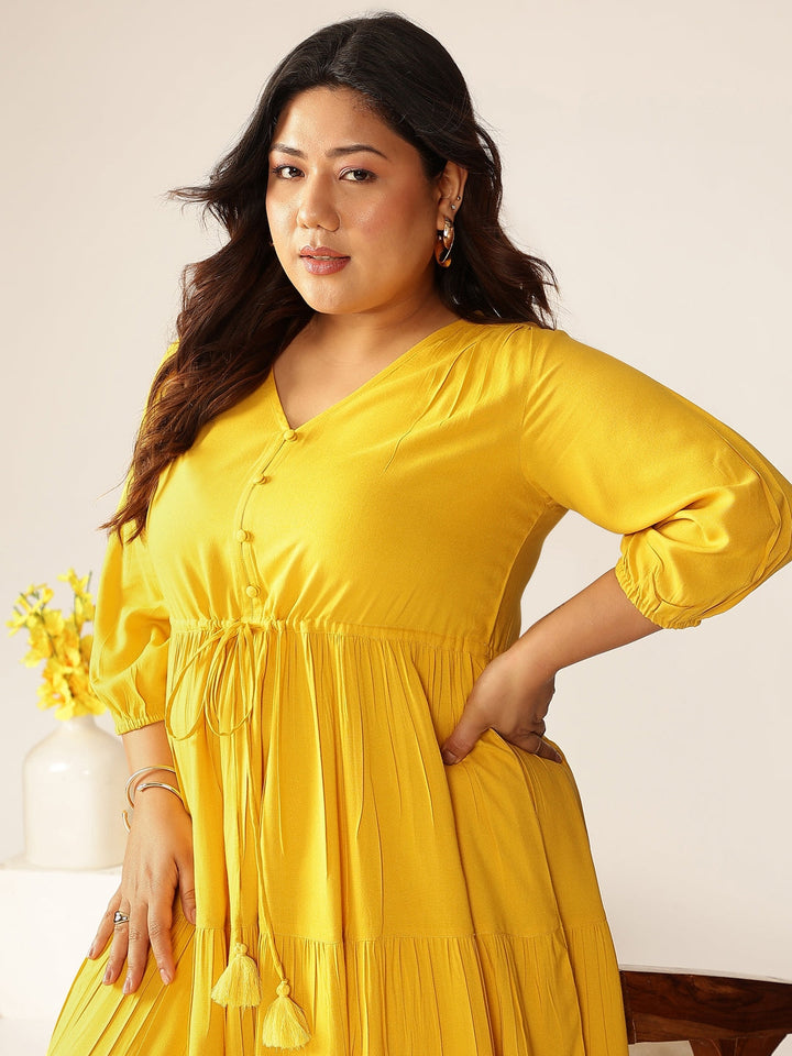 Plus Size Mustard Rayon Solid Tiered Dress - qivii