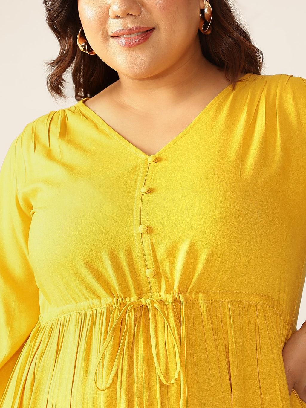 Plus Size Mustard Rayon Solid Tiered Dress