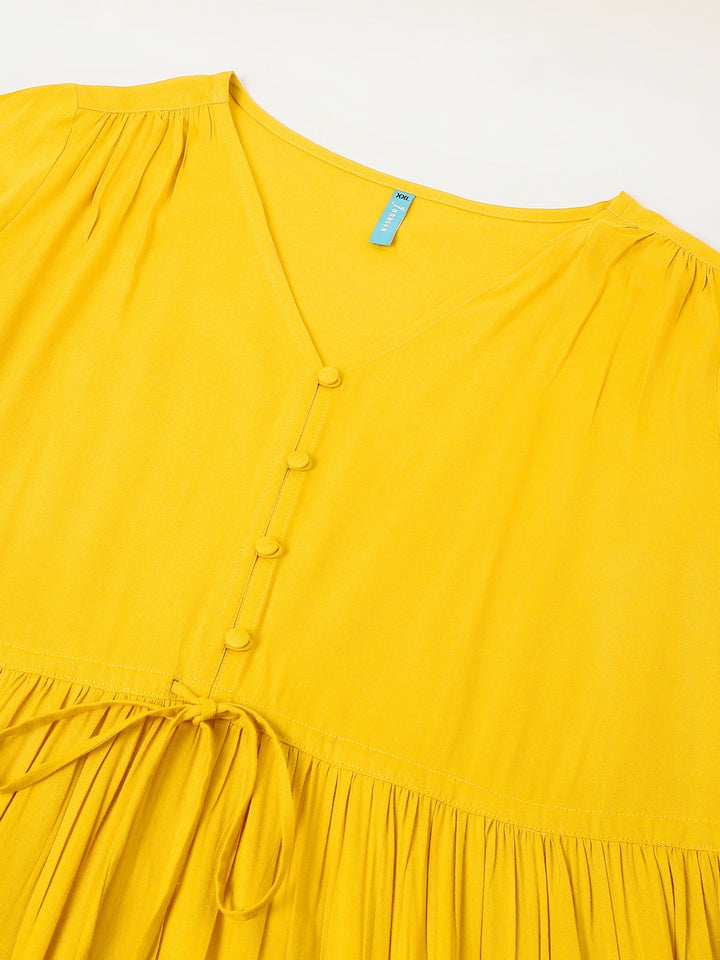 Plus Size Mustard Rayon Solid Tiered Dress - qivii