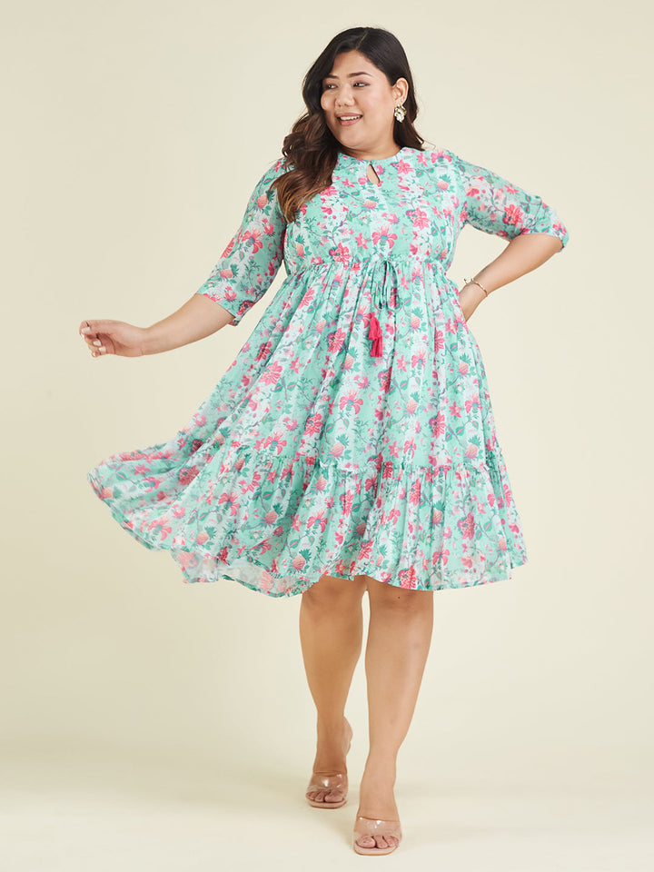 Janasya Women's Plus Size Aqua Georgette Floral Printed Fit & Flare Dress - qivii
