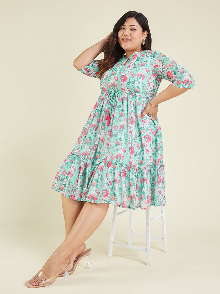 Janasya Women's Plus Size Aqua Georgette Floral Printed Fit & Flare Dress - qivii