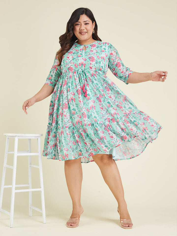 Janasya Women's Plus Size Aqua Georgette Floral Printed Fit & Flare Dress - qivii