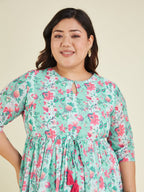 Janasya Women's Plus Size Aqua Georgette Floral Printed Fit & Flare Dress
