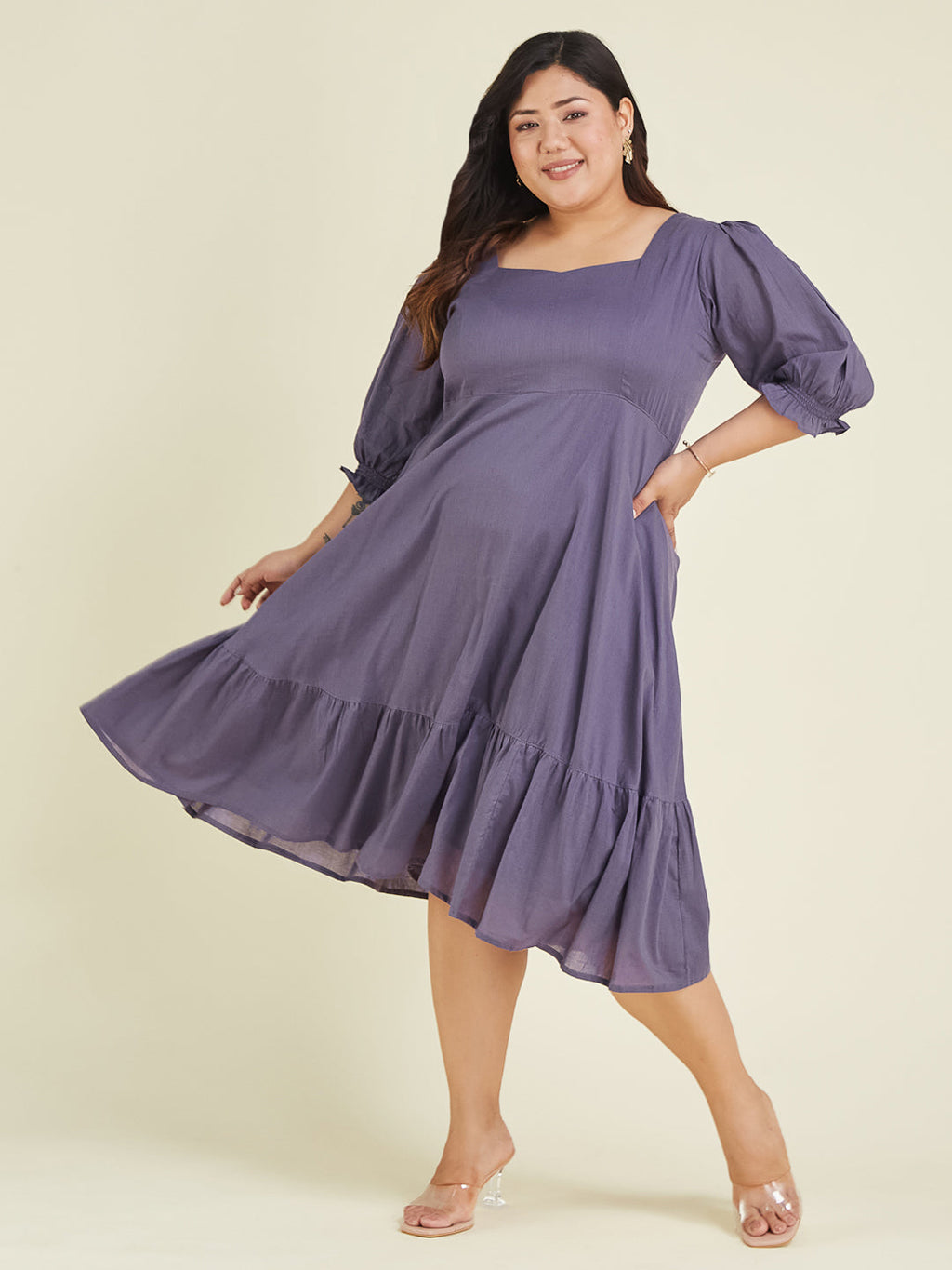 Janasya Women's Plus Size Purple Pure Cotton Solid A-line Dress