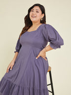 Janasya Women's Plus Size Purple Pure Cotton Solid A-line Dress