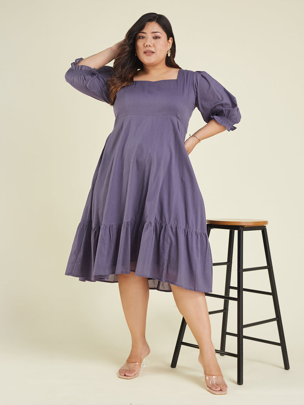 Janasya Women's Plus Size Purple Pure Cotton Solid A-line Dress