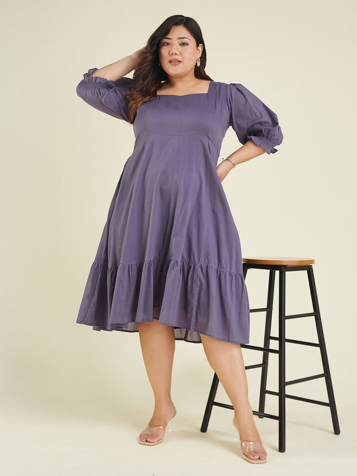 Janasya Women's Plus Size Purple Pure Cotton Solid A-line Dress - qivii