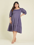 Janasya Women's Plus Size Purple Pure Cotton Solid A-line Dress