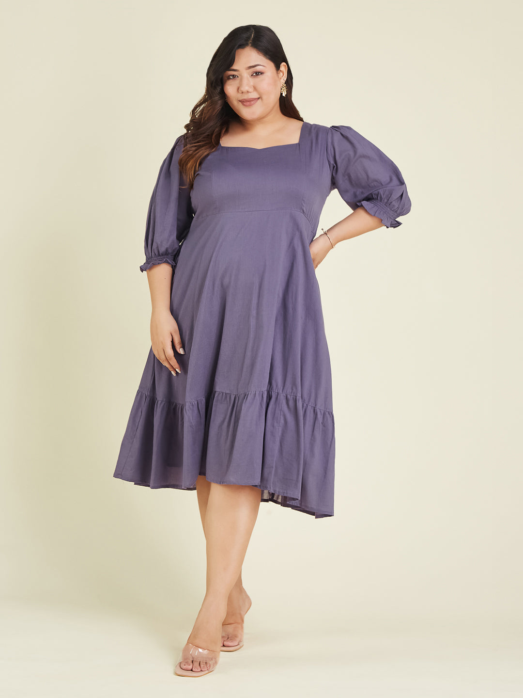Janasya Women's Plus Size Purple Pure Cotton Solid A-line Dress