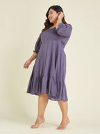 Janasya Women's Plus Size Purple Pure Cotton Solid A-line Dress