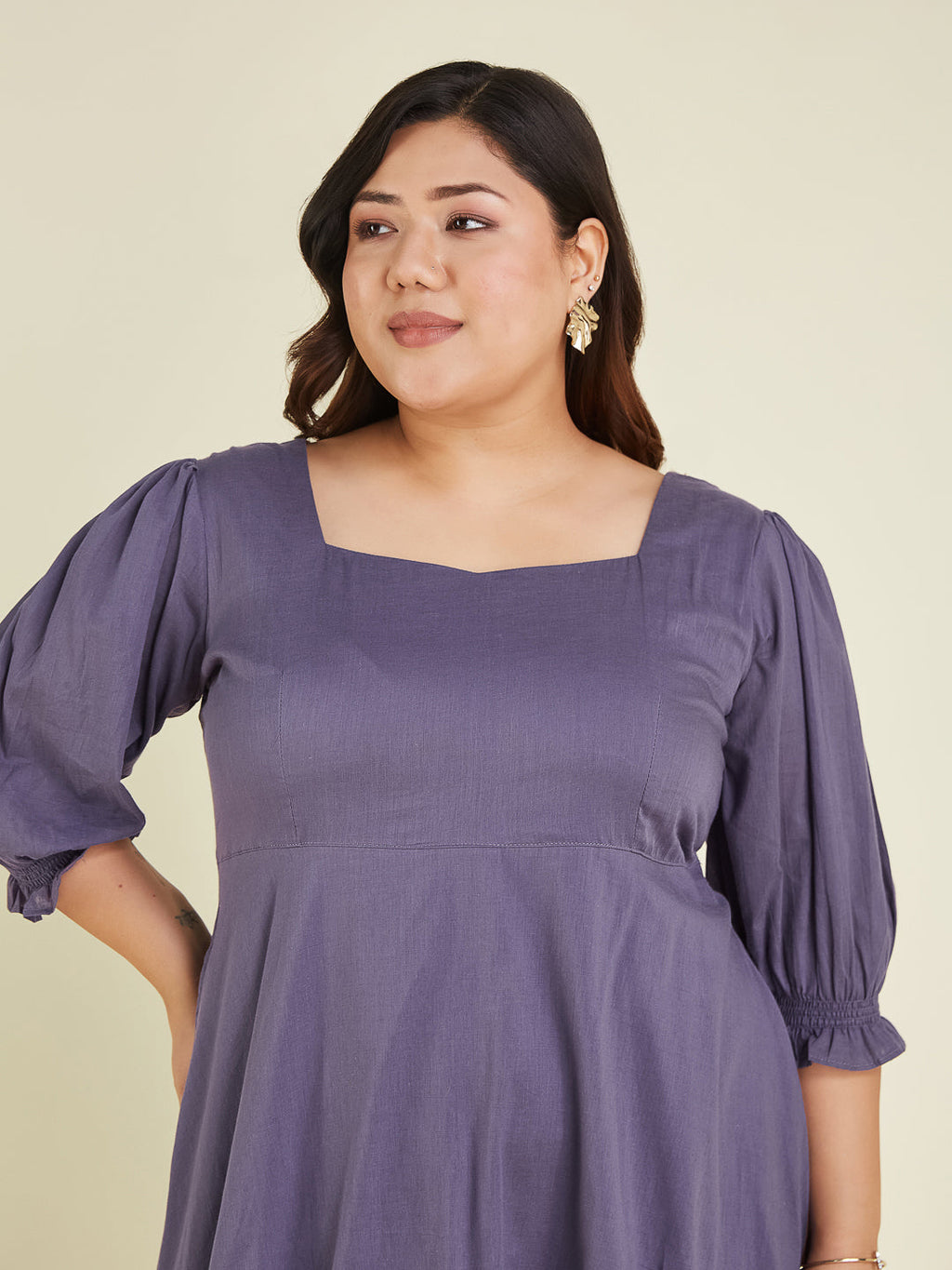Janasya Women's Plus Size Purple Pure Cotton Solid A-line Dress