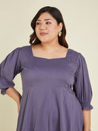 Janasya Women's Plus Size Purple Pure Cotton Solid A-line Dress