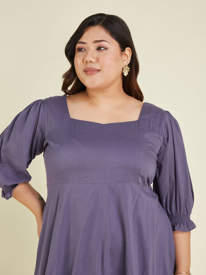 Janasya Women's Plus Size Purple Pure Cotton Solid A-line Dress - qivii