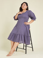 Janasya Women's Plus Size Purple Pure Cotton Solid A-line Dress