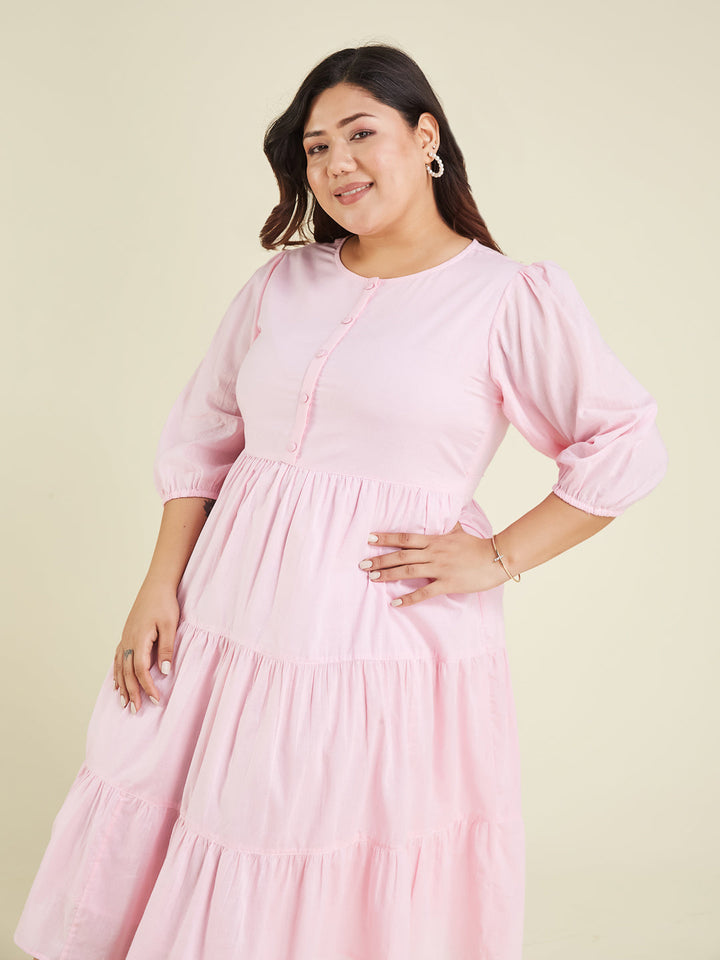 Janasya Women's Plus Size Pink Pure Cotton Solid Tiered Dress - qivii