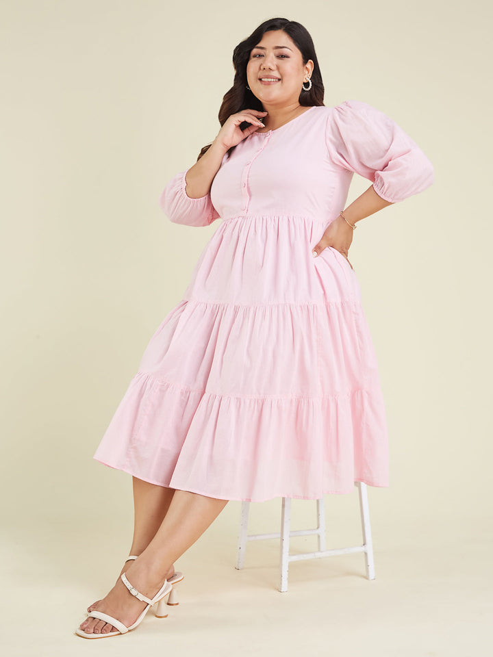 Janasya Women's Plus Size Pink Pure Cotton Solid Tiered Dress - qivii