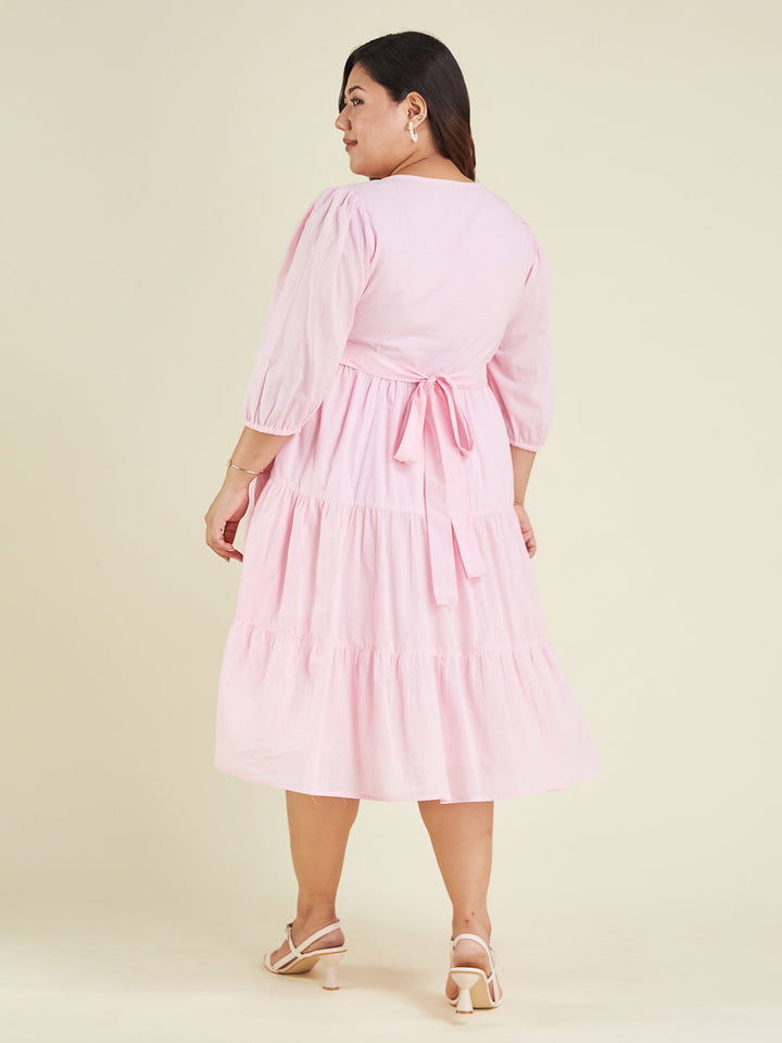 Janasya Women's Plus Size Pink Pure Cotton Solid Tiered Dress - qivii