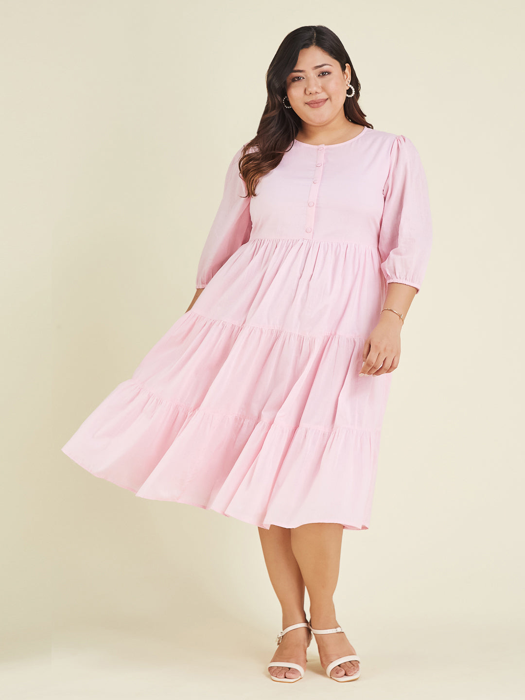 Janasya Women's Plus Size Pink Pure Cotton Solid Tiered Dress - qivii