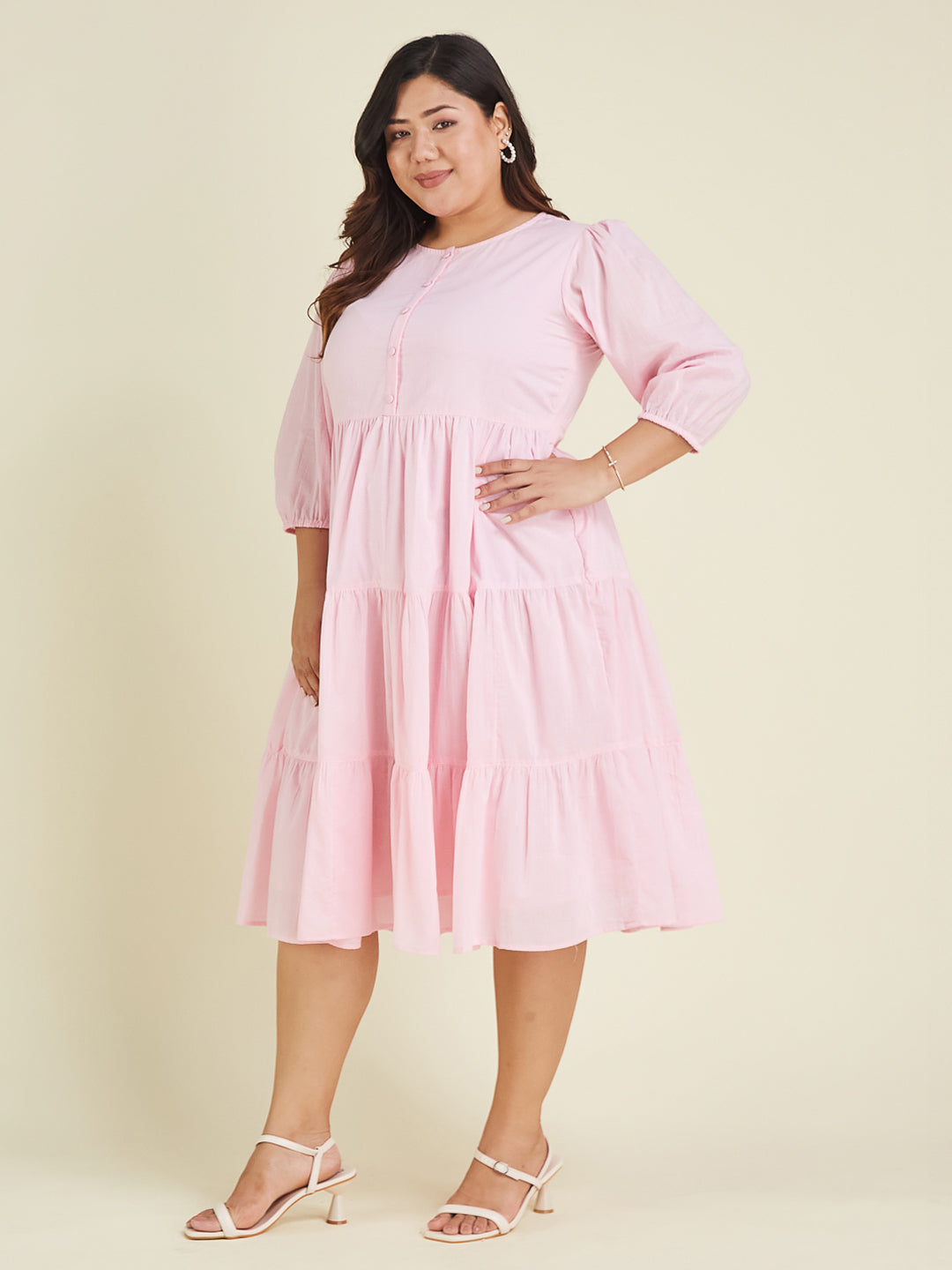Janasya Women's Plus Size Pink Pure Cotton Solid Tiered Dress - qivii