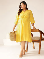 Plus Size Yellow Cotton Solid A-line Dress