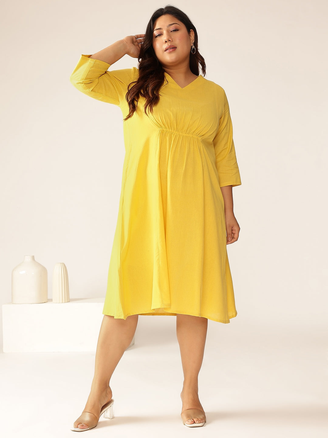 Plus Size Yellow Cotton Solid A-line Dress - qivii