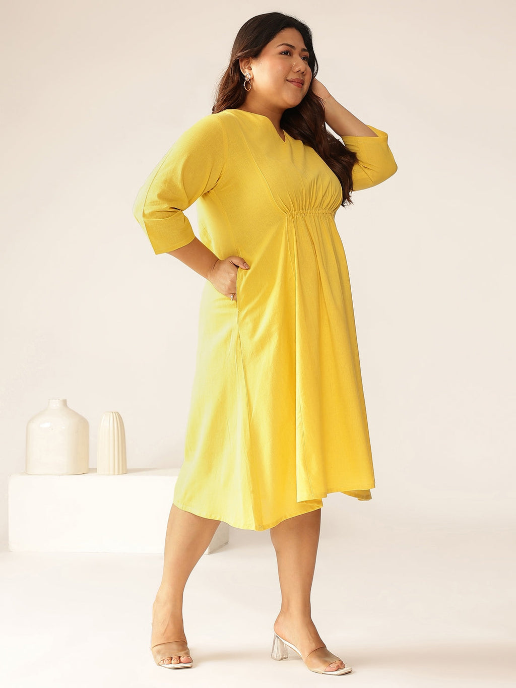 Plus Size Yellow Cotton Solid A-line Dress