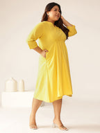 Plus Size Yellow Cotton Solid A-line Dress