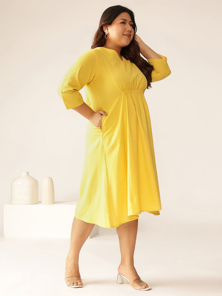 Plus Size Yellow Cotton Solid A-line Dress - qivii