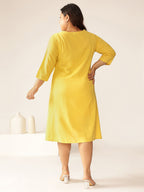 Plus Size Yellow Cotton Solid A-line Dress