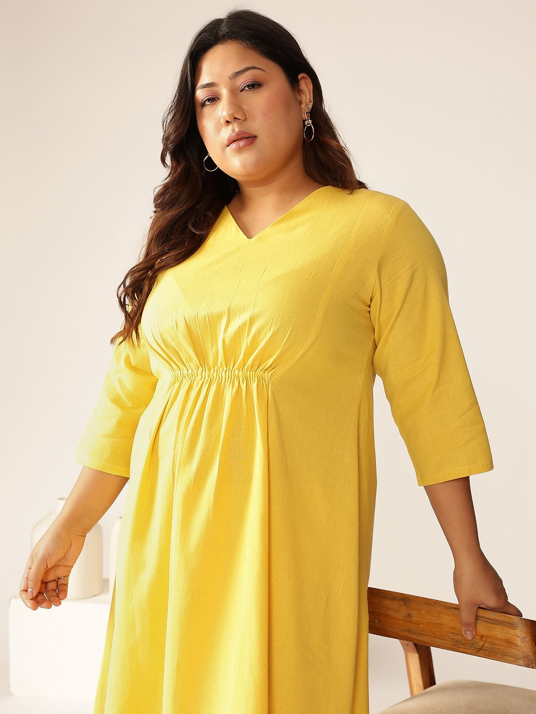 Plus Size Yellow Cotton Solid A-line Dress - qivii