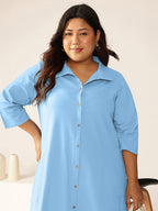 Plus Size Light Blue Cotton Solid Button Down Shirt Style A-line Dress
