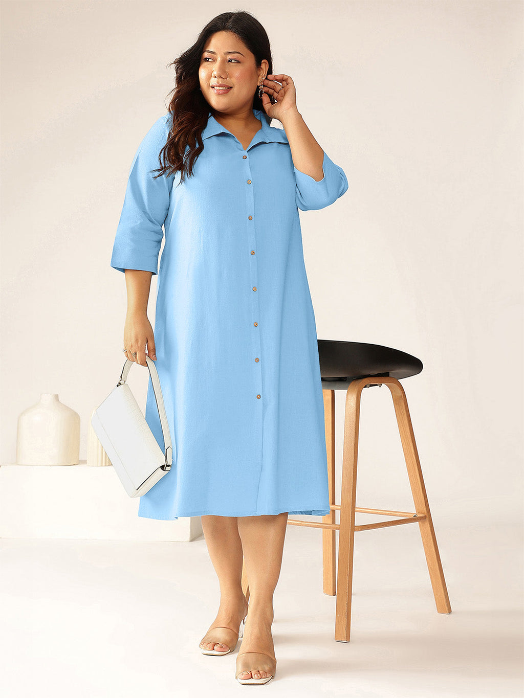 Plus Size Light Blue Cotton Solid Button Down Shirt Style A-line Dress