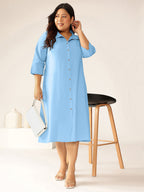 Plus Size Light Blue Cotton Solid Button Down Shirt Style A-line Dress