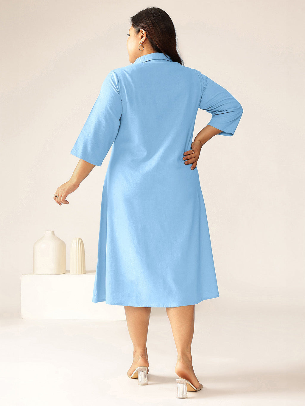 Plus Size Light Blue Cotton Solid Button Down Shirt Style A-line Dress