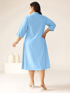 Plus Size Light Blue Cotton Solid Button Down Shirt Style A-line Dress