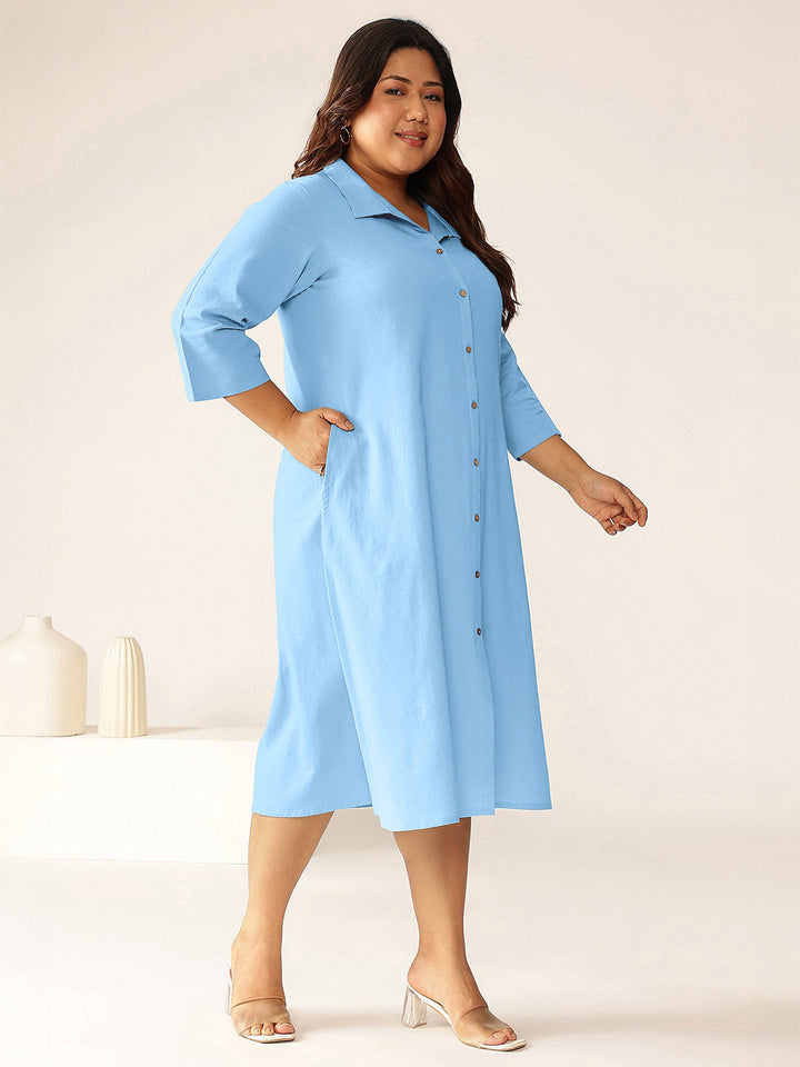 Plus Size Light Blue Cotton Solid Button Down Shirt Style A-line Dress - qivii