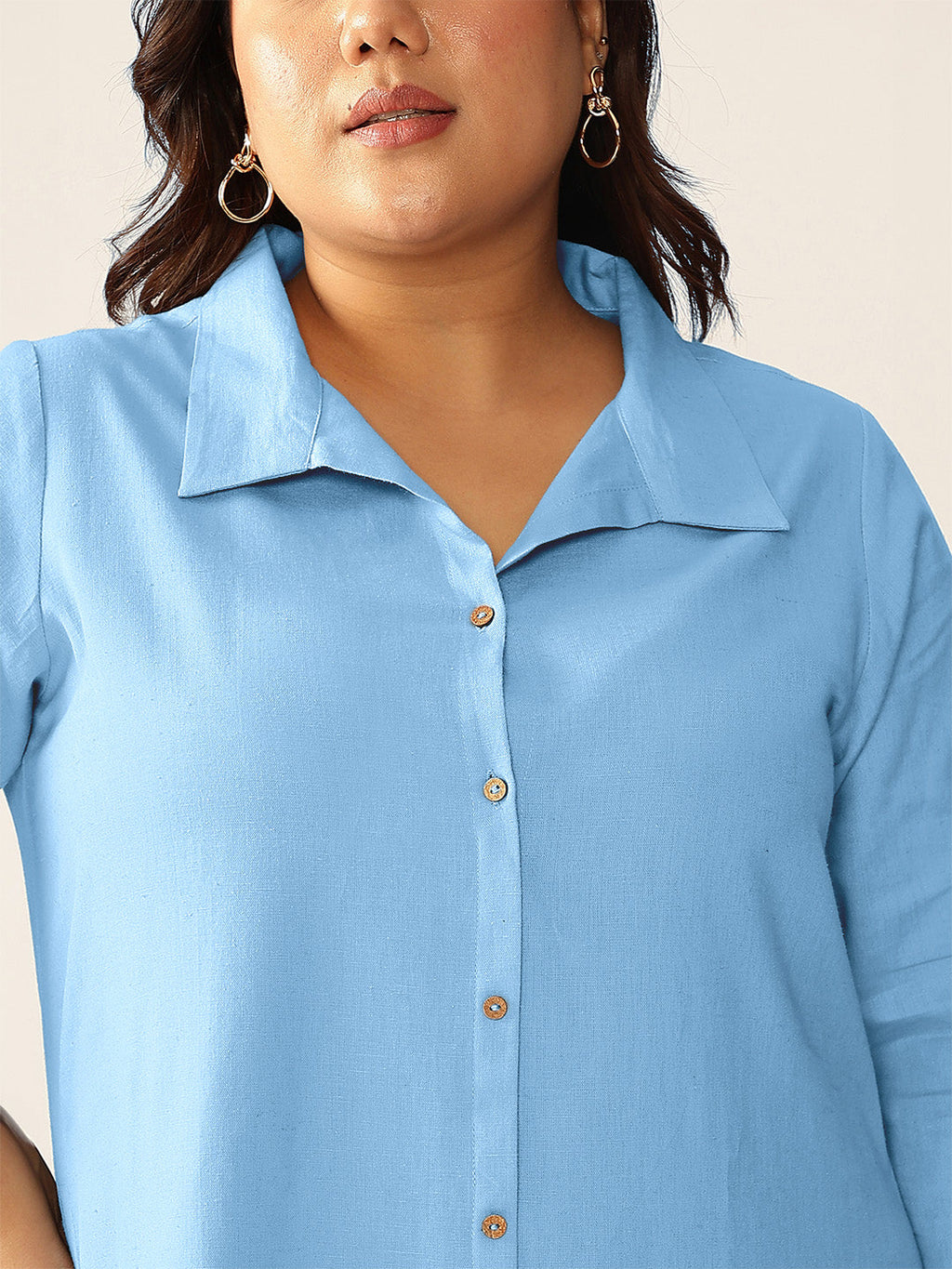 Plus Size Light Blue Cotton Solid Button Down Shirt Style A-line Dress