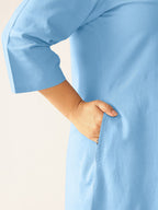 Plus Size Light Blue Cotton Solid Button Down Shirt Style A-line Dress