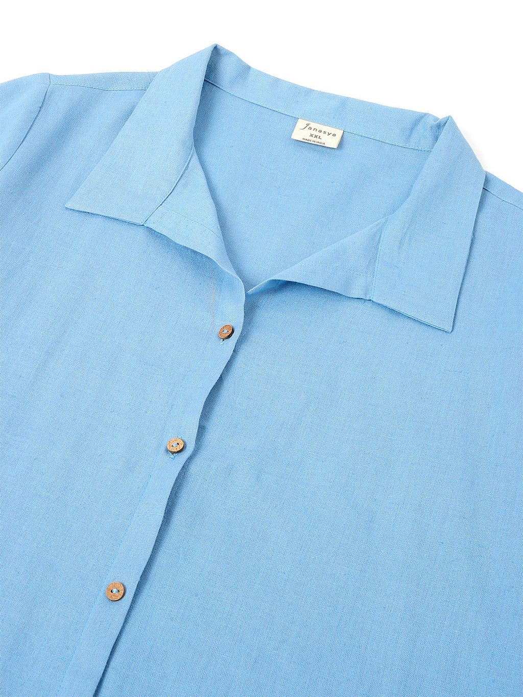 Plus Size Light Blue Cotton Solid Button Down Shirt Style A-line Dress