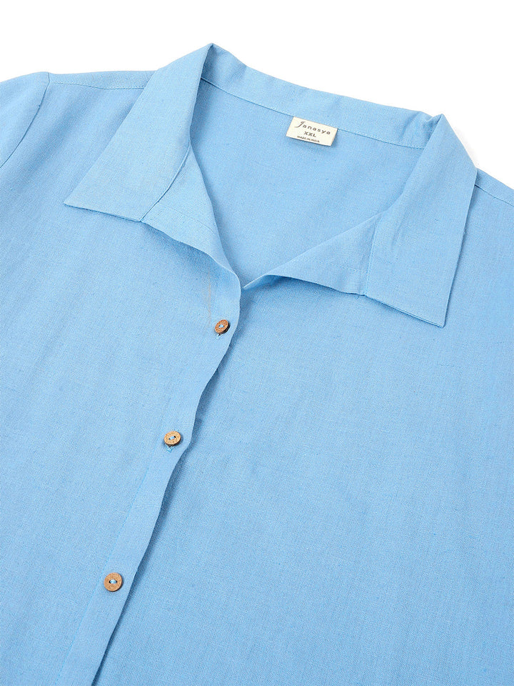 Plus Size Light Blue Cotton Solid Button Down Shirt Style A-line Dress - qivii