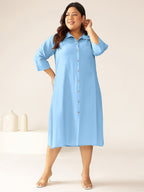 Plus Size Light Blue Cotton Solid Button Down Shirt Style A-line Dress