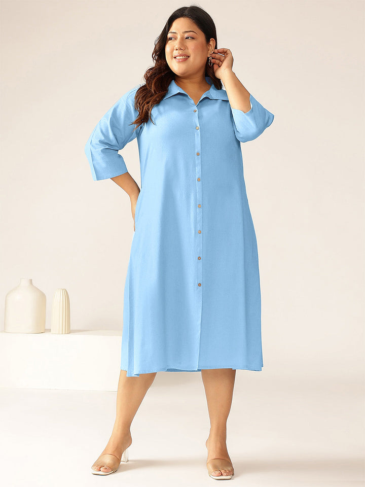 Plus Size Light Blue Cotton Solid Button Down Shirt Style A-line Dress - qivii