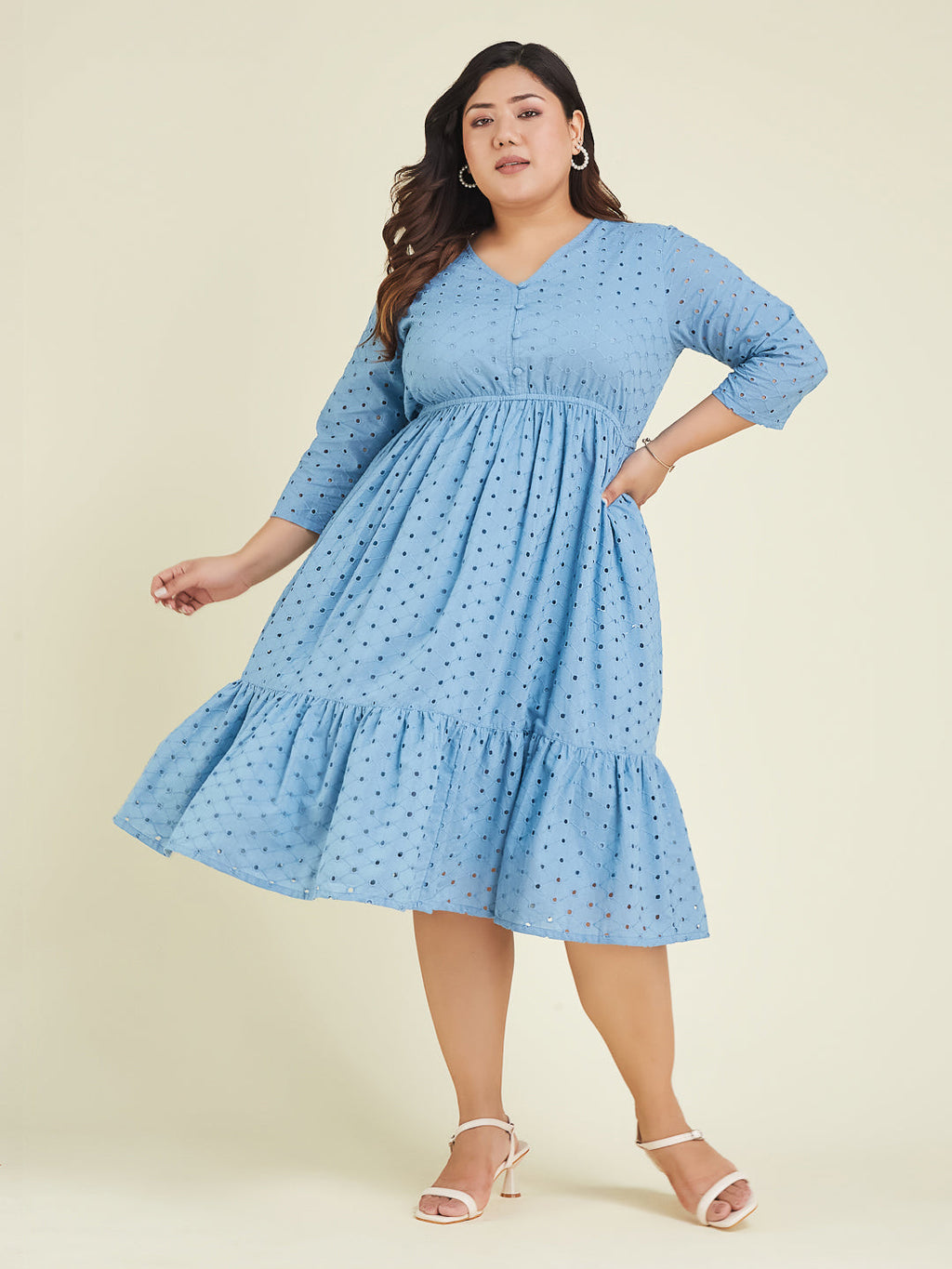 Janasya Women's Plus Size Light Blue Pure Cotton Schiffli Fit & Flare Dress