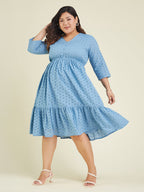 Janasya Women's Plus Size Light Blue Pure Cotton Schiffli Fit & Flare Dress