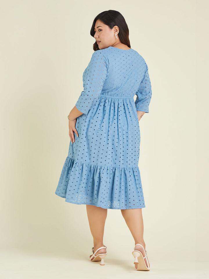 Janasya Women's Plus Size Light Blue Pure Cotton Schiffli Fit & Flare Dress - qivii