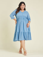 Janasya Women's Plus Size Light Blue Pure Cotton Schiffli Fit & Flare Dress