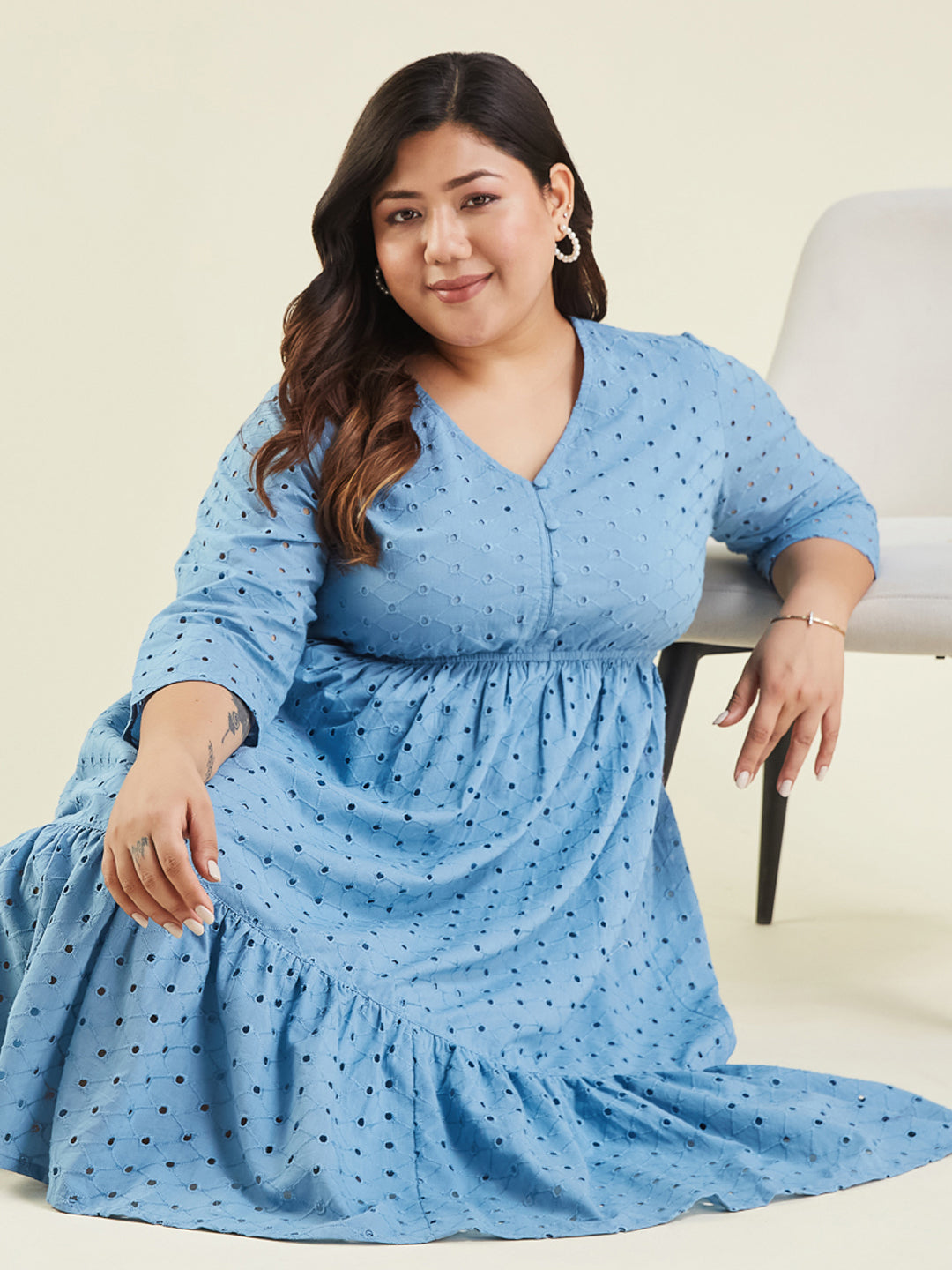 Janasya Women's Plus Size Light Blue Pure Cotton Schiffli Fit & Flare Dress